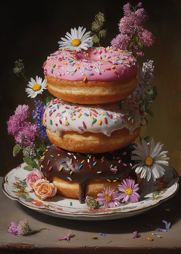 Colorful donuts surrounded by floral splendor create a tasteful harmony.-12