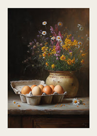 A still life of eggs and flowers gives a rustic charm.-3