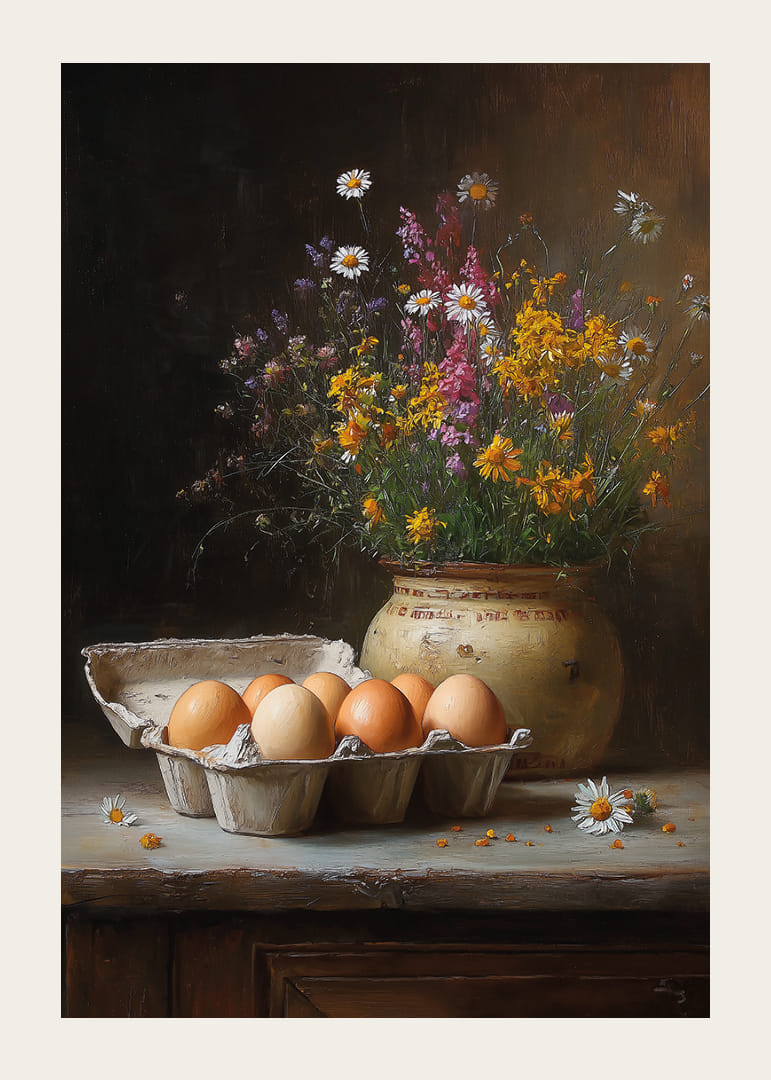 Ett stilleben av ägg och blommor ger en lantlig charm.-12