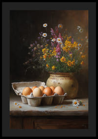 Ett stilleben av ägg och blommor ger en lantlig charm.-4