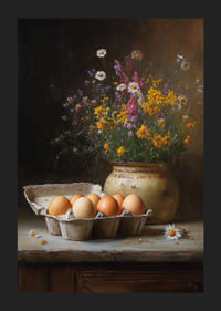 Ett stilleben av ägg och blommor ger en lantlig charm.-5