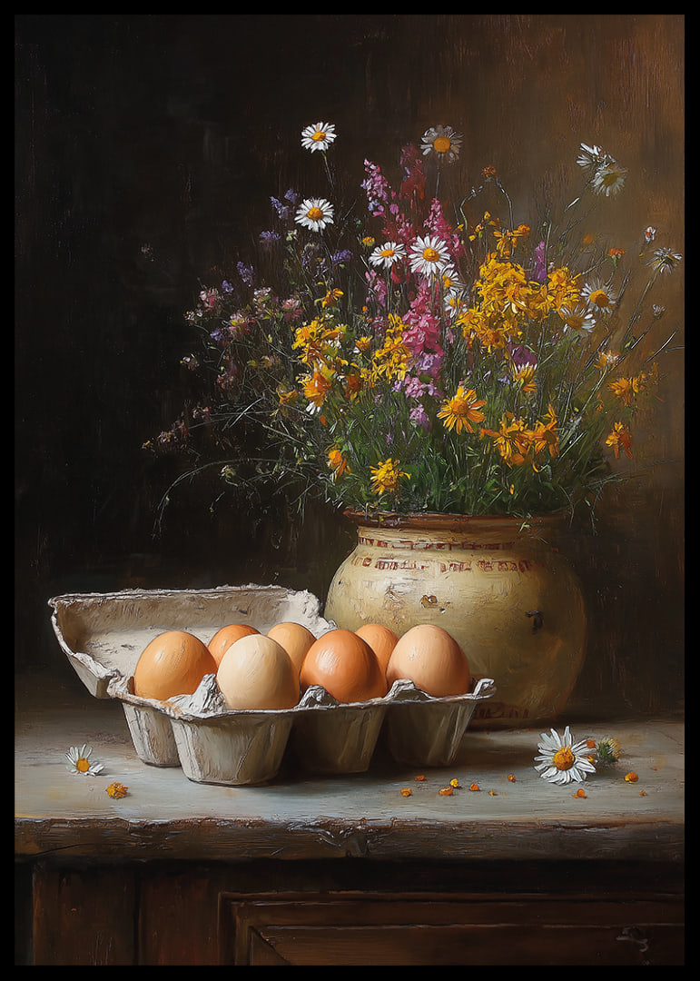 A still life of eggs and flowers gives a rustic charm.-12
