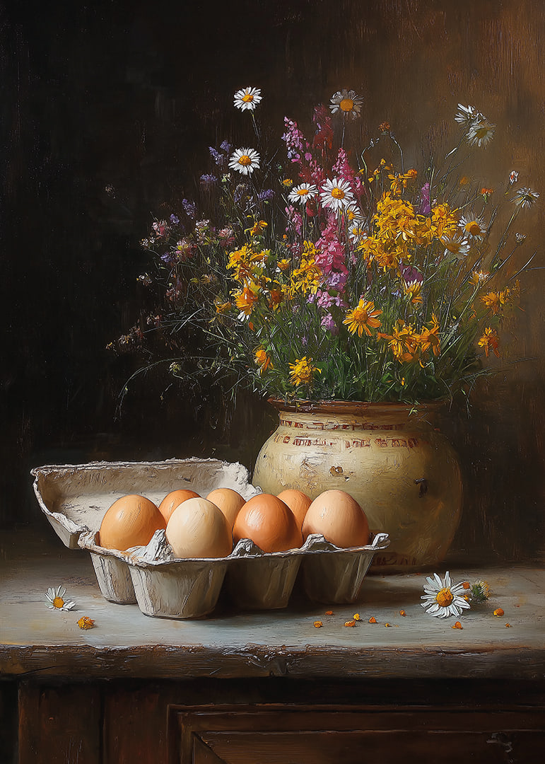 A still life of eggs and flowers gives a rustic charm.-12
