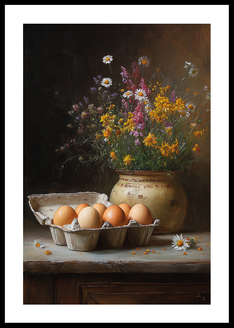 A still life of eggs and flowers gives a rustic charm.-12