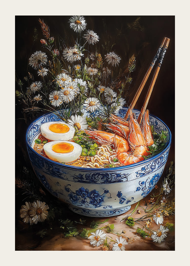 Un bol de ramen entouré de fleurs crée de la magie et de l'élégance.-12