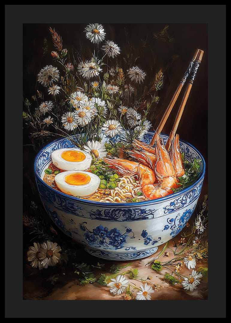 Un bol de ramen entouré de fleurs crée de la magie et de l'élégance.-12
