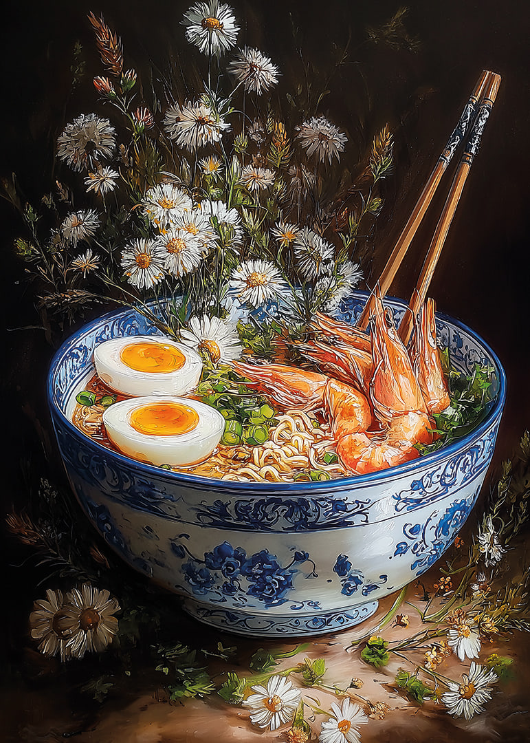 A bowl of ramen surrounded by flowers creates magic and elegance.-12