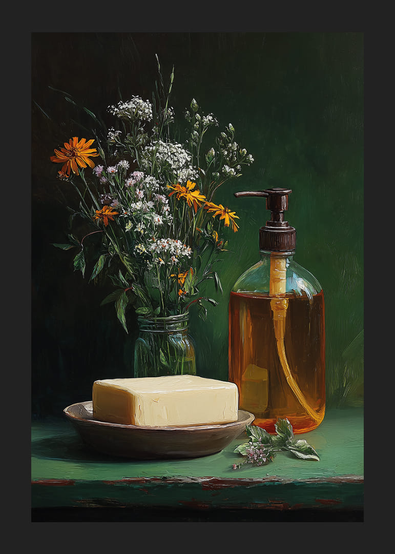 En harmonisk uppsättning av blommor och tvål.-12