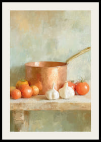 Un pot en cuivre entouré de tomates et d'ail crée un charme rustique.-2