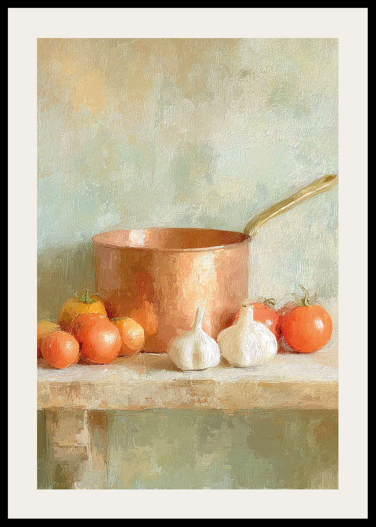 Un pot en cuivre entouré de tomates et d'ail crée un charme rustique.-12