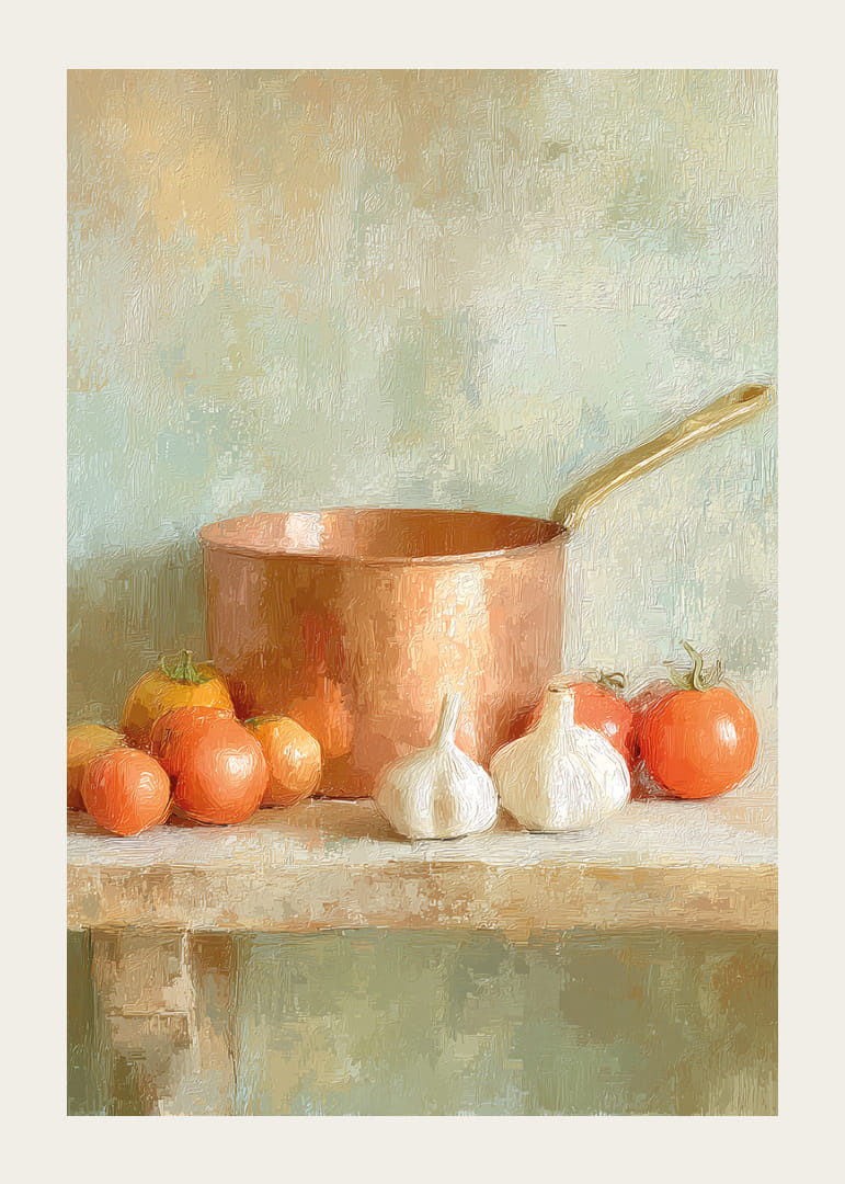 Un pot en cuivre entouré de tomates et d'ail crée un charme rustique.-12