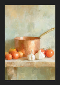 Un pot en cuivre entouré de tomates et d'ail crée un charme rustique.-5