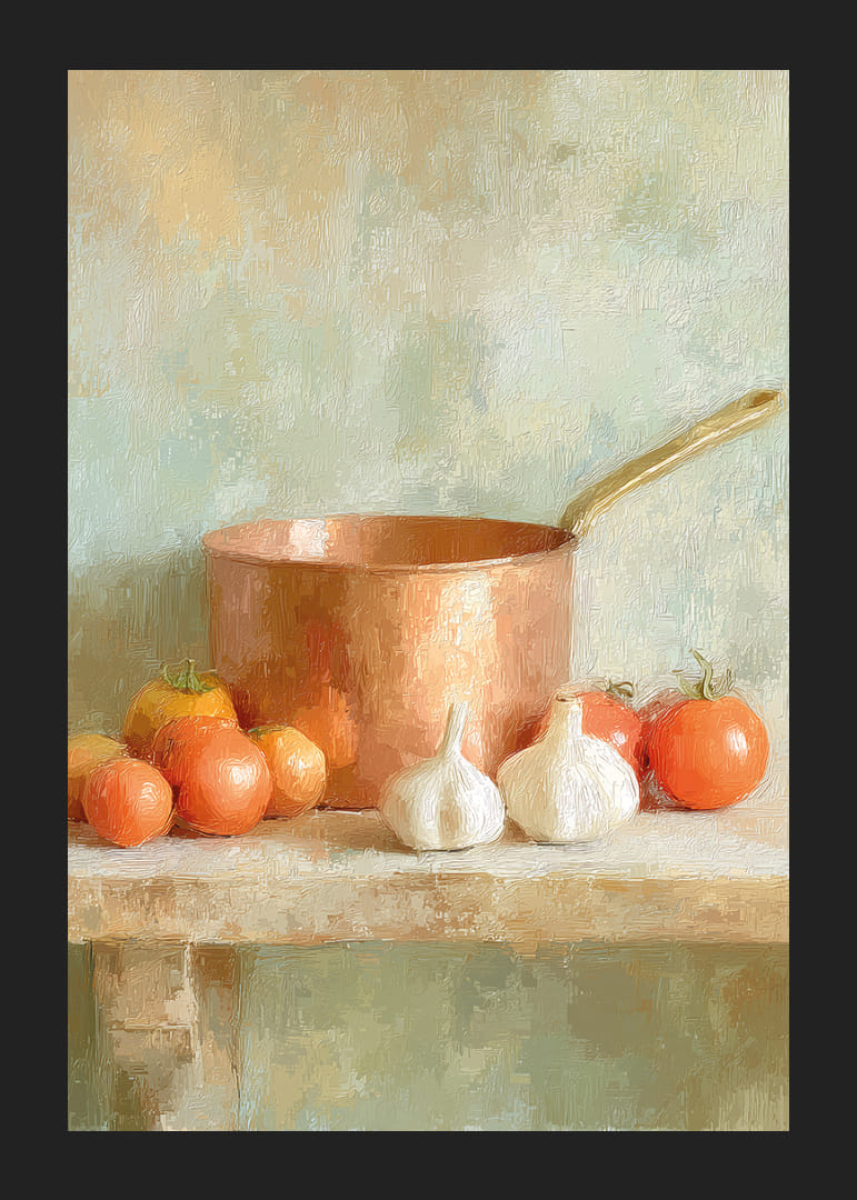 Un pot en cuivre entouré de tomates et d'ail crée un charme rustique.-12