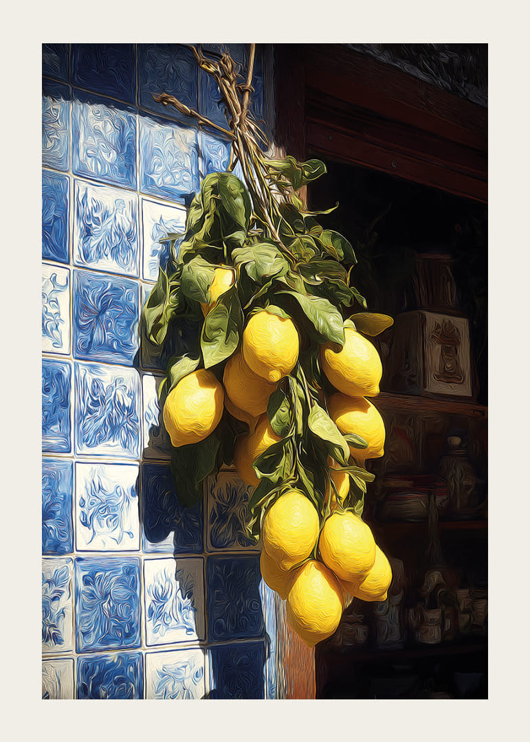 Livlige citroner mod en azulejo-væg i sollyset.-12