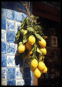 Vibrant lemons against an azulejo wall in the sunlight.-6