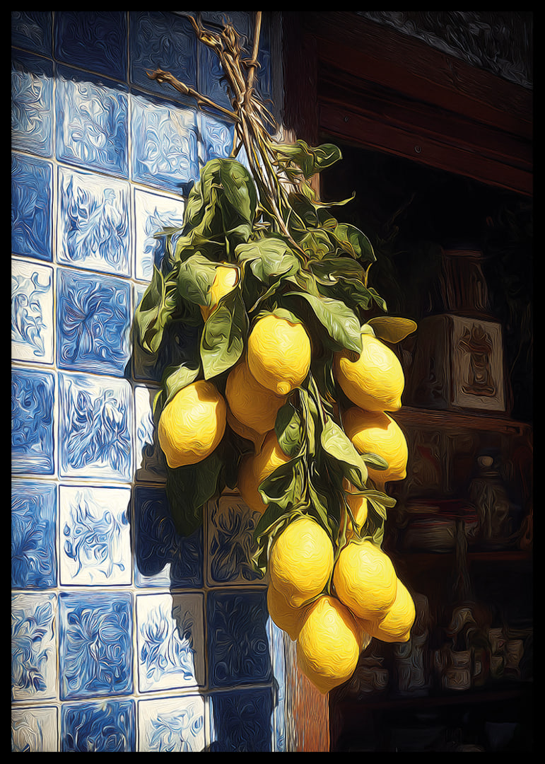 Vibrant lemons against an azulejo wall in the sunlight.-12