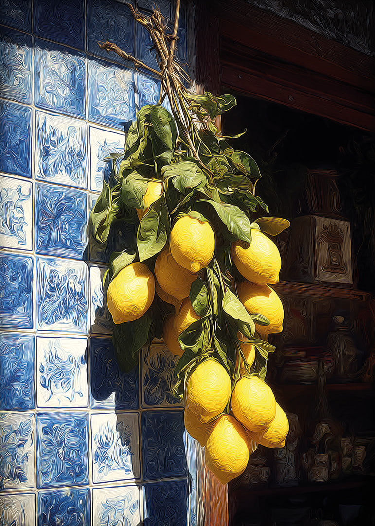 Vibrant lemons against an azulejo wall in the sunlight.-12