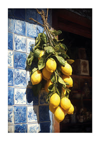 Vibrant lemons against an azulejo wall in the sunlight.-1