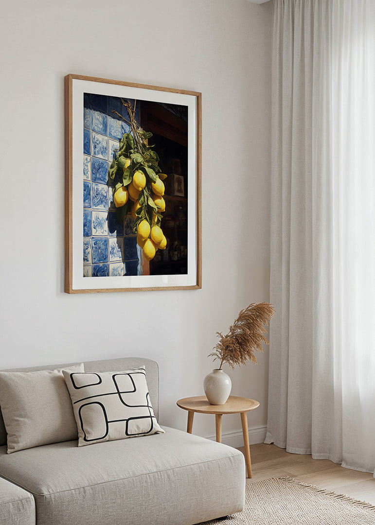 Vibrant lemons against an azulejo wall in the sunlight.-12
