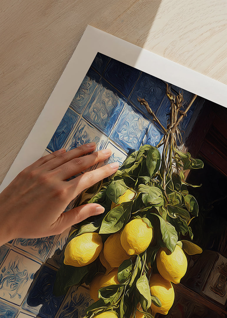 Vibrant lemons against an azulejo wall in the sunlight.-12