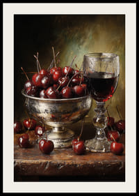 Nature morte luxueuse avec des cerises et du vin dans un éclairage chaleureux.-2