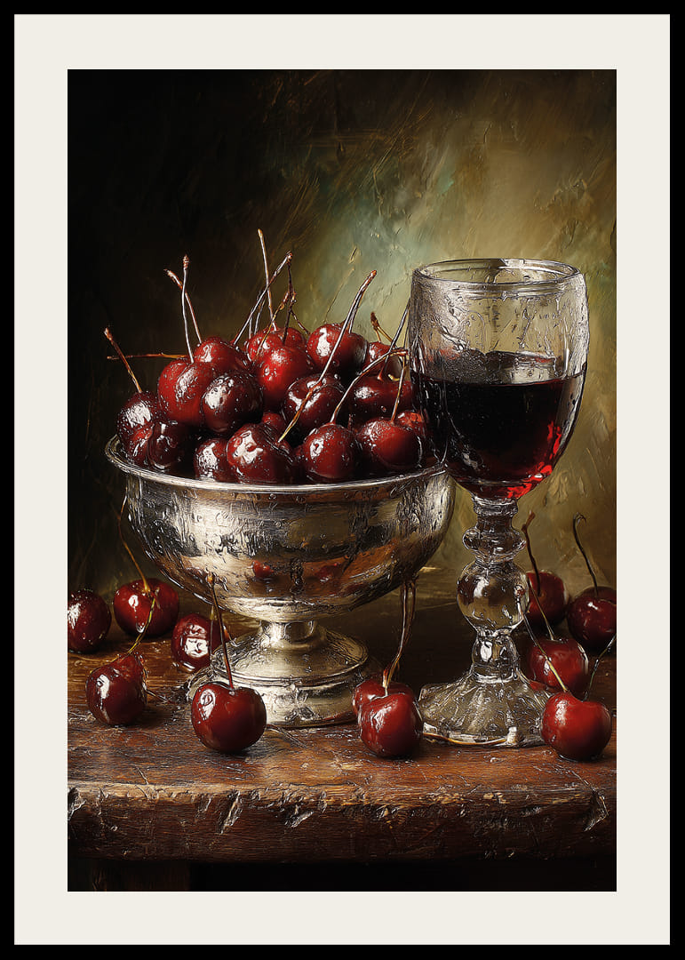 Nature morte luxueuse avec des cerises et du vin dans un éclairage chaleureux.-12