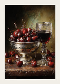 Nature morte luxueuse avec des cerises et du vin dans un éclairage chaleureux.-3