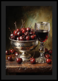 Nature morte luxueuse avec des cerises et du vin dans un éclairage chaleureux.-4