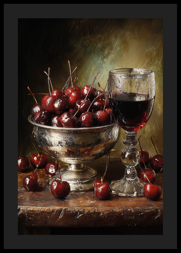 Nature morte luxueuse avec des cerises et du vin dans un éclairage chaleureux.-12