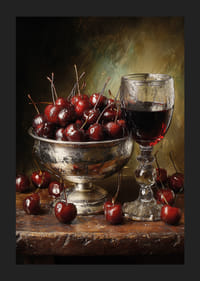 Nature morte luxueuse avec des cerises et du vin dans un éclairage chaleureux.-5