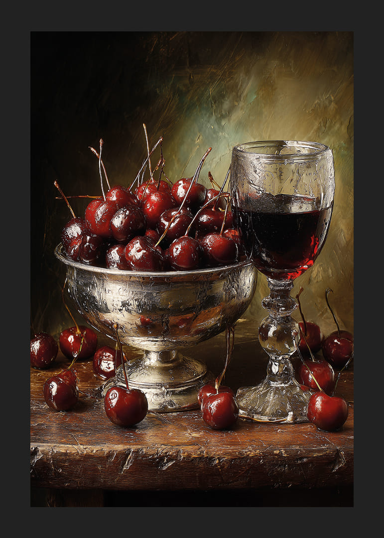 Nature morte luxueuse avec des cerises et du vin dans un éclairage chaleureux.-12