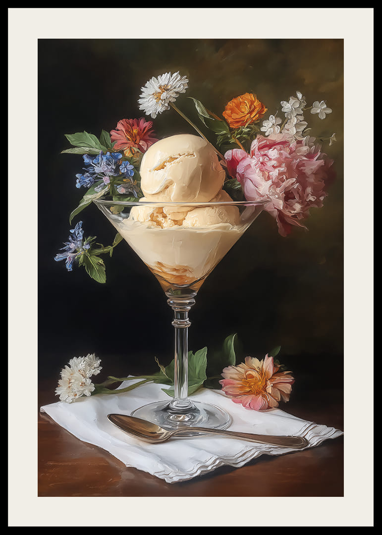 Des fleurs entourent la glace dans une élégante coupe.-12