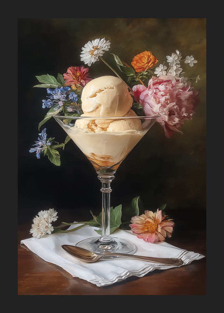 Des fleurs entourent la glace dans une élégante coupe.-12