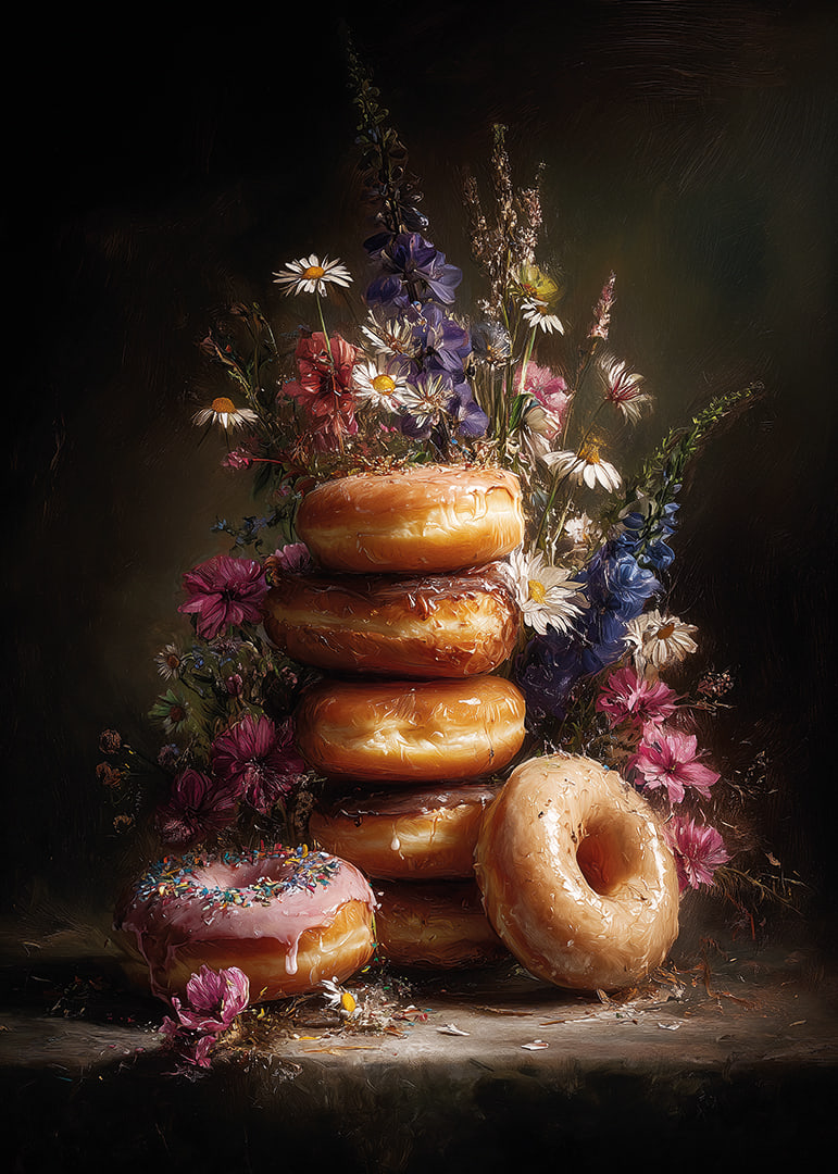 Donuts and flowers in a harmonious and colorful composition.-12