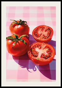 Juicy tomatoes shine on a checkered table.-2