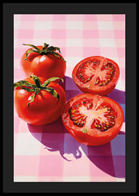 Juicy tomatoes shine on a checkered table.-4