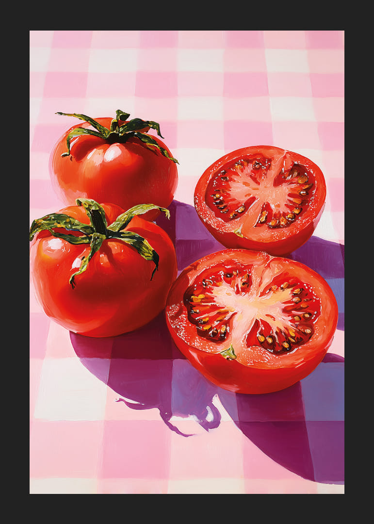 Saftiga tomater lyser på ett rutigt bord.-12