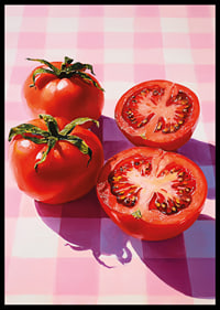 Juicy tomatoes shine on a checkered table.-6