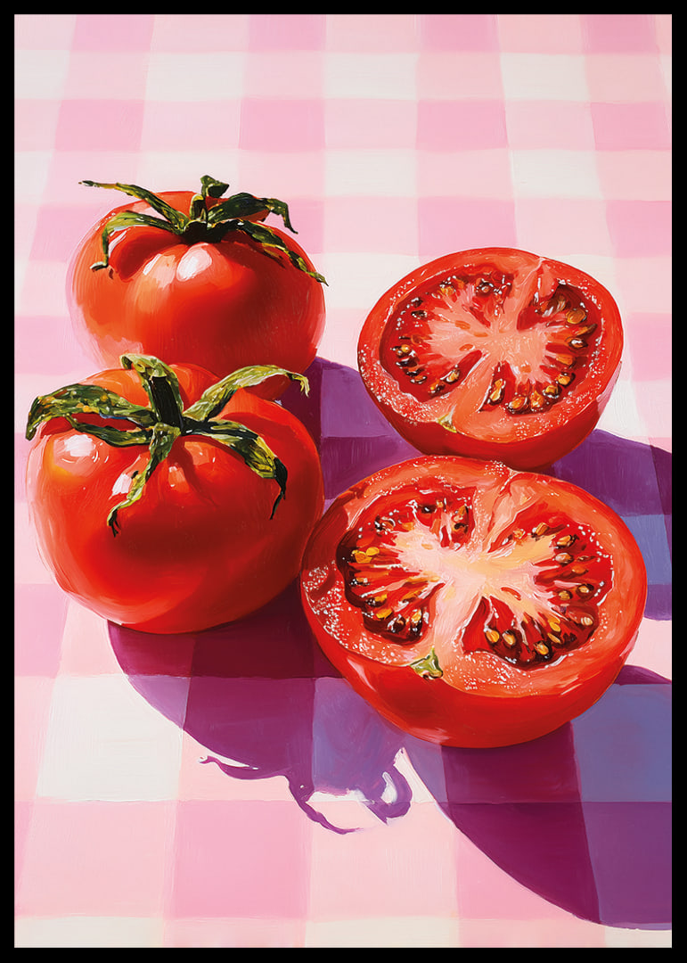 Juicy tomatoes shine on a checkered table.-12