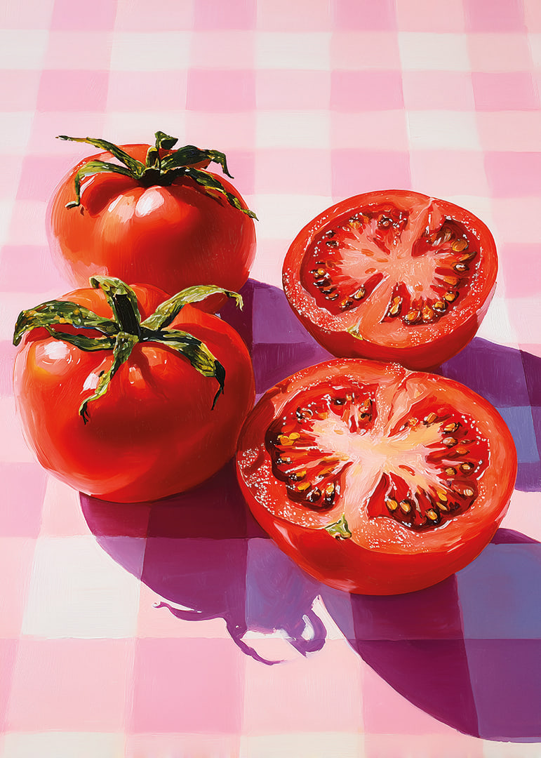 Juicy tomatoes shine on a checkered table.-12