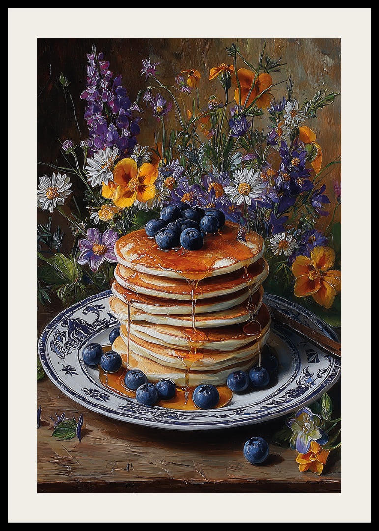 Blommor och pannkakor i harmoni på ett bord.-12