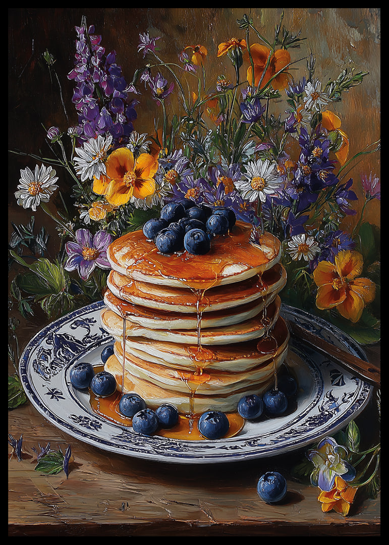 Blommor och pannkakor i harmoni på ett bord.-12