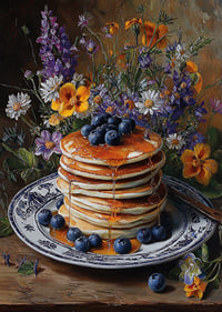 Blommor och pannkakor i harmoni på ett bord.-7
