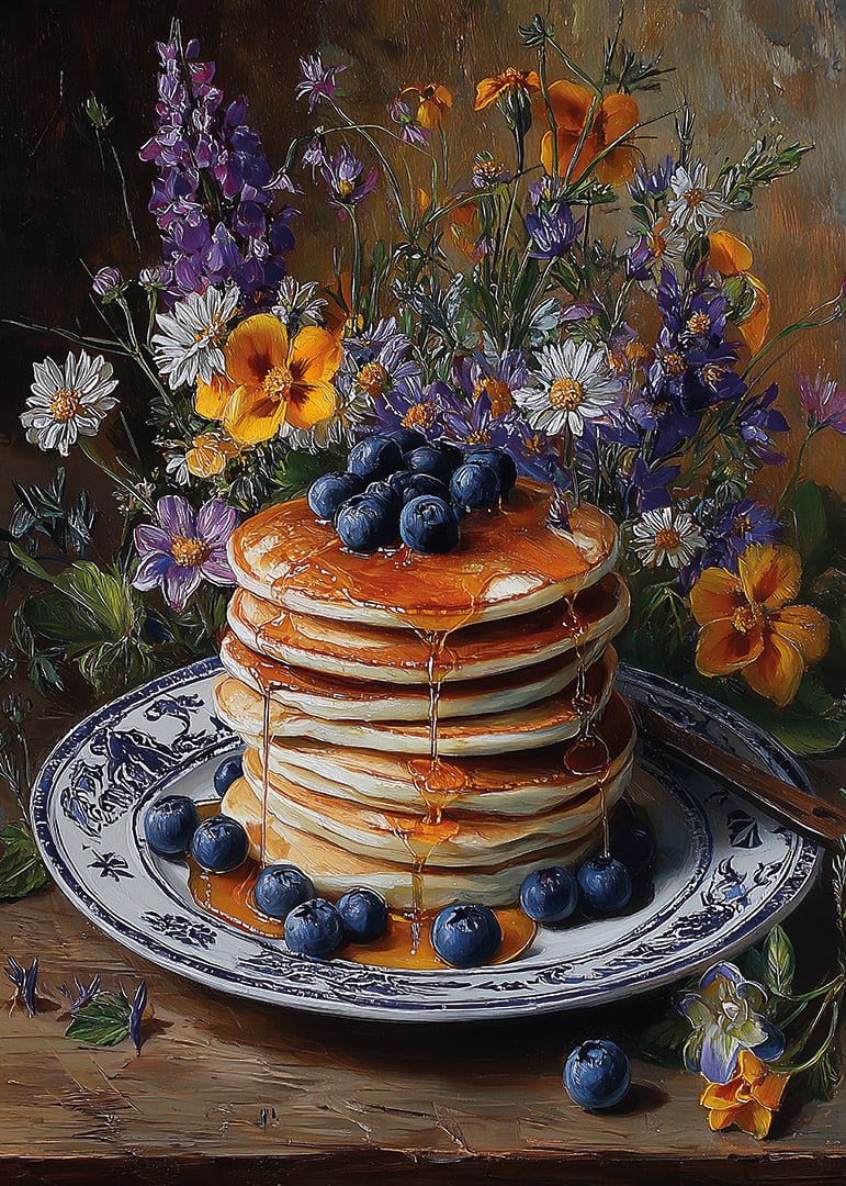 Blommor och pannkakor i harmoni på ett bord.-12