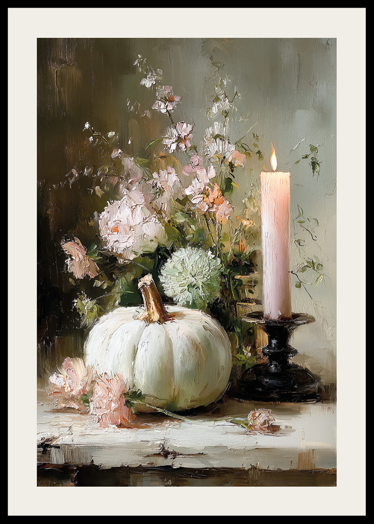 Zachte herfstsfeer met pompoen en bloemen in het midden.-12