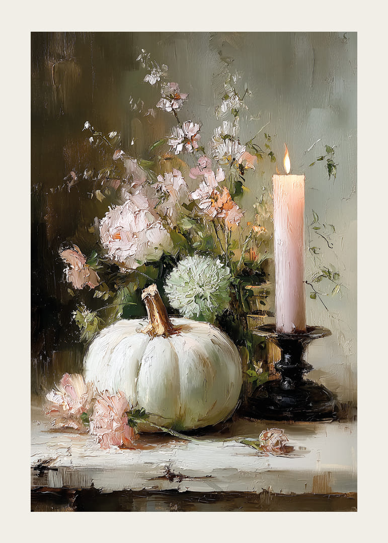 Zachte herfstsfeer met pompoen en bloemen in het midden.-12