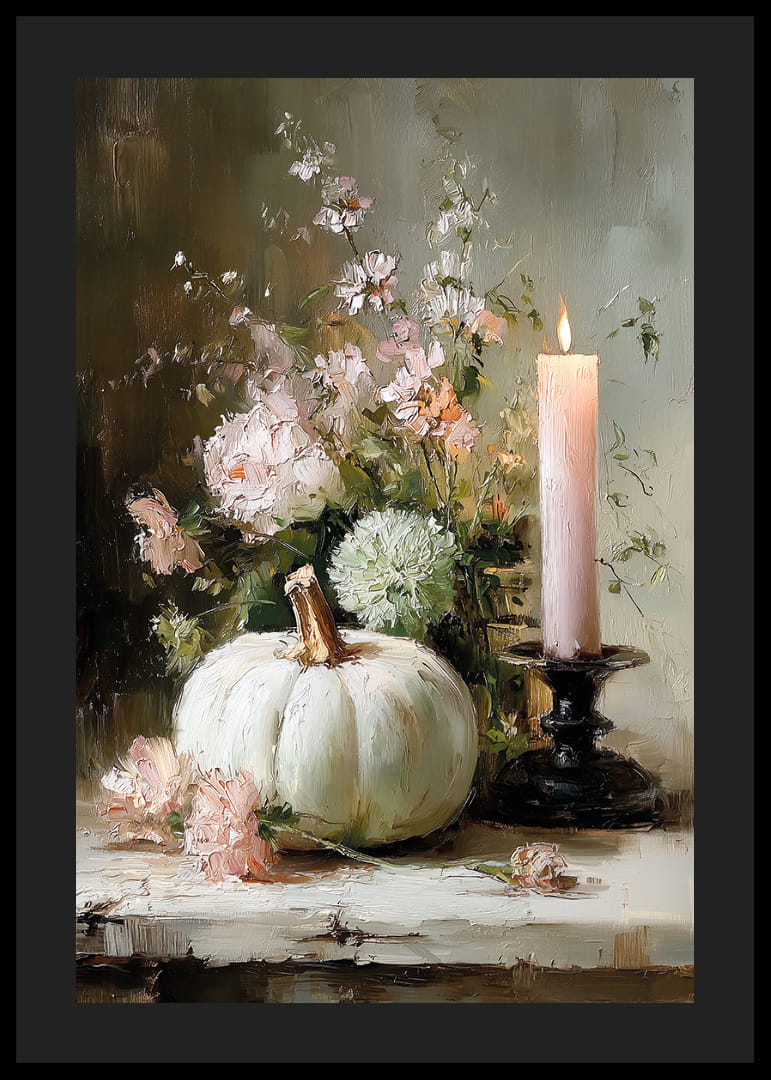 Zachte herfstsfeer met pompoen en bloemen in het midden.-12