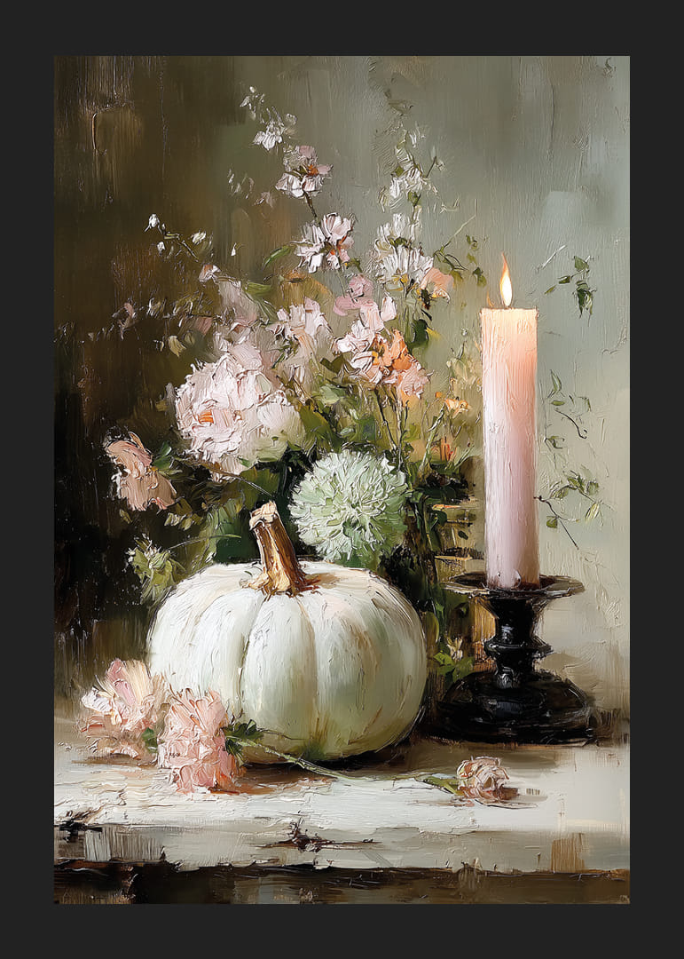 Zachte herfstsfeer met pompoen en bloemen in het midden.-12