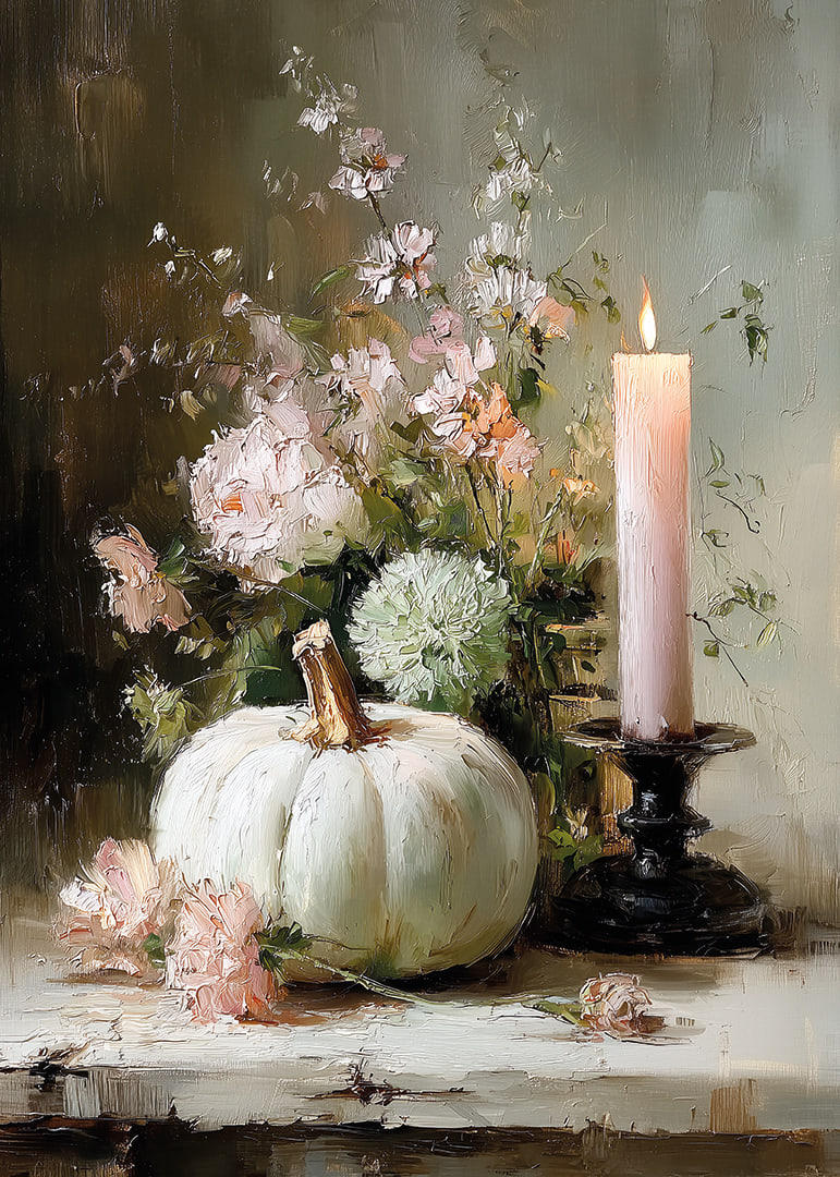Soft autumn atmosphere with pumpkin and flowers in the center.-12