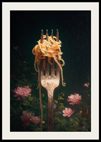 A fork carries delicate pasta surrounded by flowers.-2